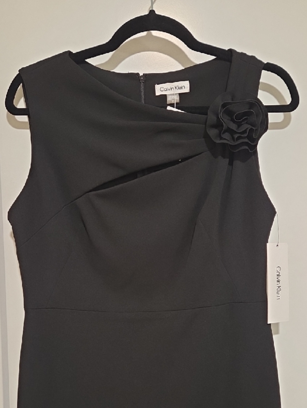 Calvin Klein Black Sleeveless Midi Sheath with Rosette Detail